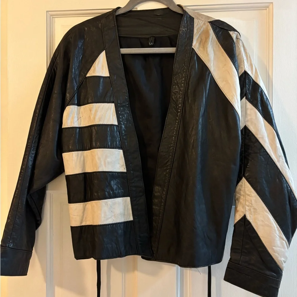 Vintage handmade hand stitched fine real leather jacket two tone white stripe - Picture 2 of 15